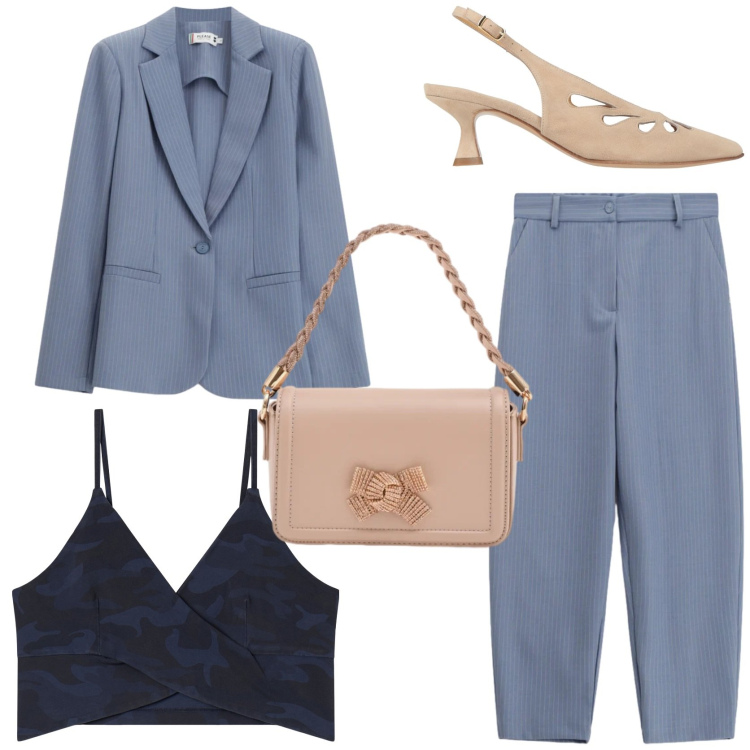 Outfit donna - Il completo pantalone primaverile. Stile Chic per Tutti i giorni. Abbinamento con décolleté, top, blazer, pantaloni, pochette.