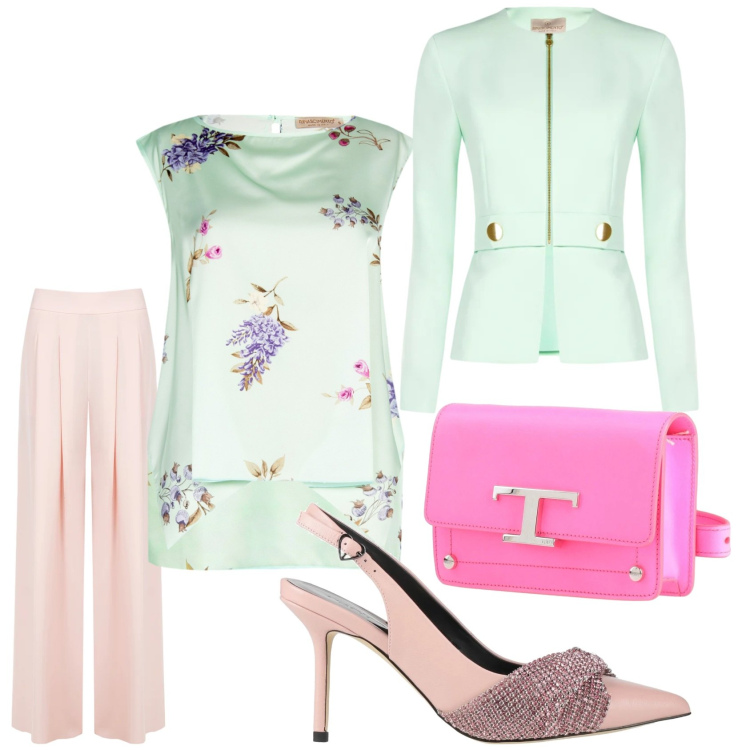 Outfit donna - Sorbetto. Stile Chic per Cerimonia. Abbinamento con décolleté, marsupi, top, pantaloni a palazzo, blazer.