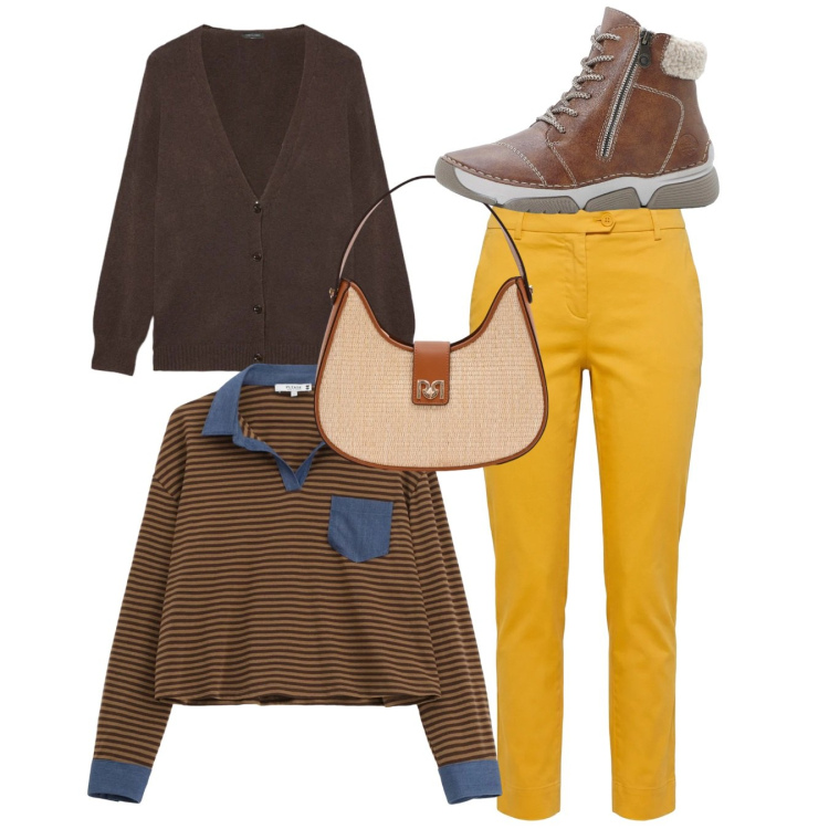 Outfit donna - Total look. Stile Casual per Tutti i giorni. Abbinamento con stivaletti, pantaloni, cardigans, t-shirt, borse a spalla.