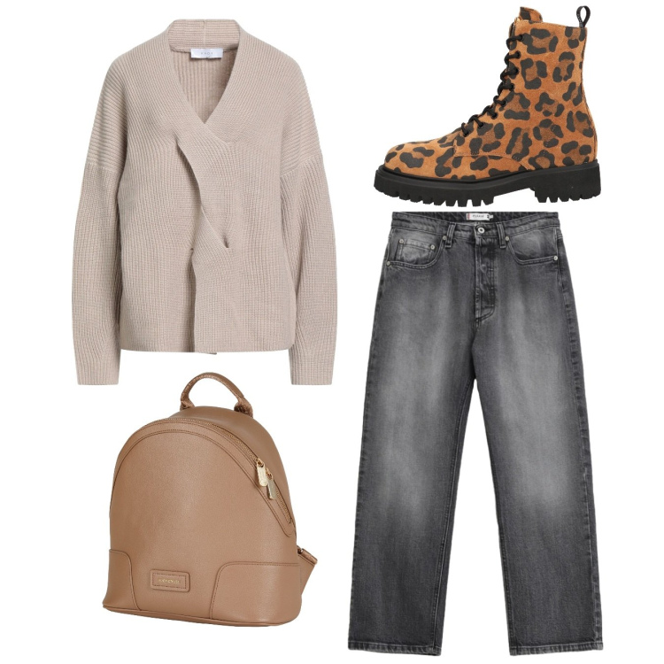 Outfit donna - Total look. Stile Casual per Tutti i giorni. Abbinamento con anfibi, zaini, pullovers, jeans.