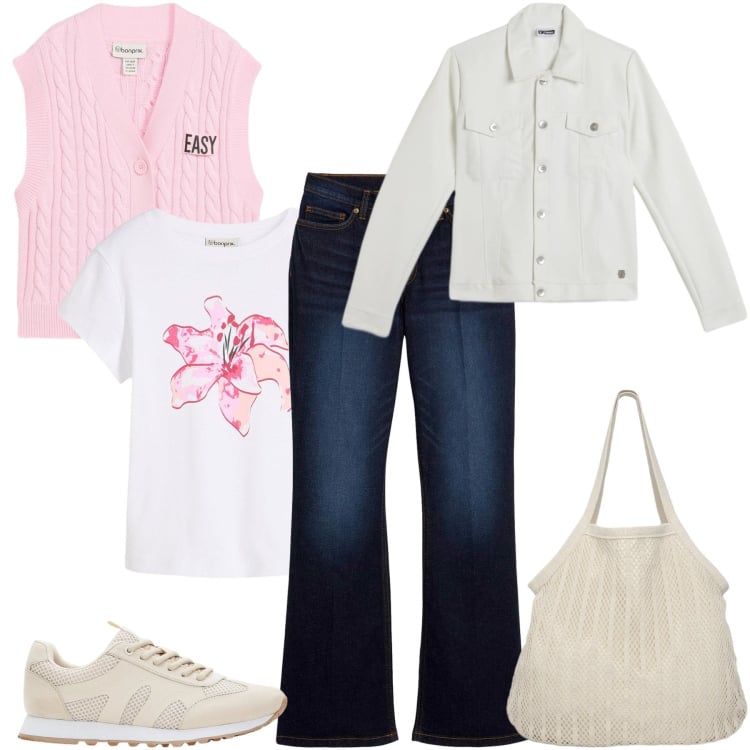 Outfit donna - Total look #2347751. Stile Casual chic per Tutti i giorni. Abbinamento con jeans bootcut, maglieria, t-shirt, sneakers, shopping bag, giacche.