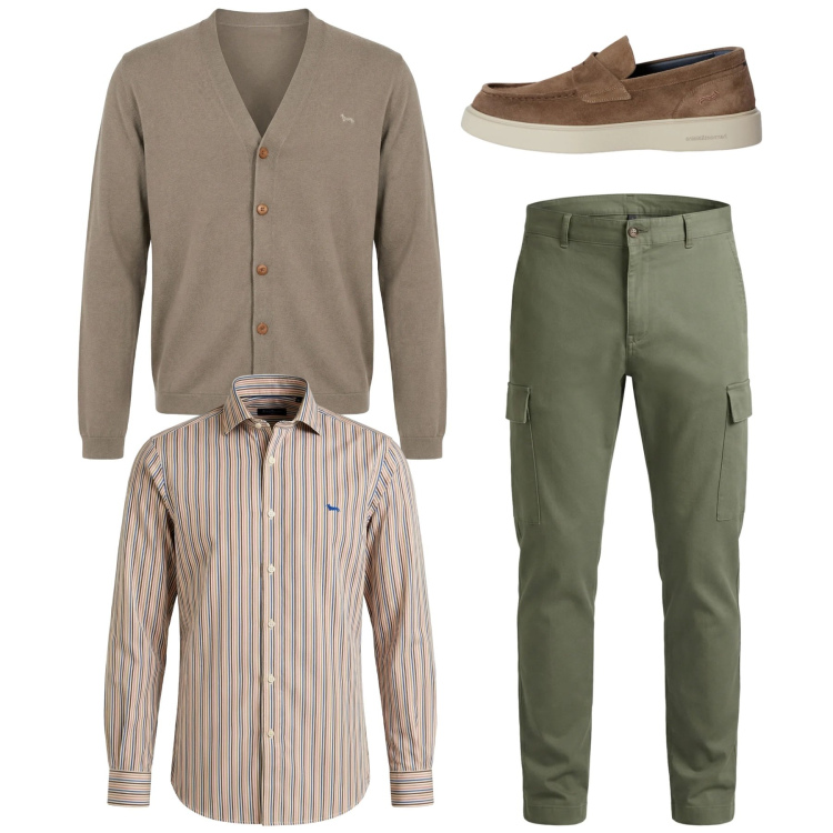 Outfit uomo - Total look #2347758. Stile Casual per Tutti i giorni. Abbinamento con camicie, pantaloni cargo, scarpe stringate, cardigans.