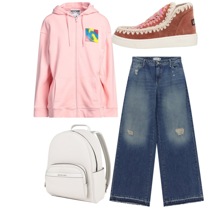 Outfit donna - Total look. Stile Basic per Tutti i giorni. Abbinamento con felpe con cappuccio, zaini, stivaletti, jeans dritti.