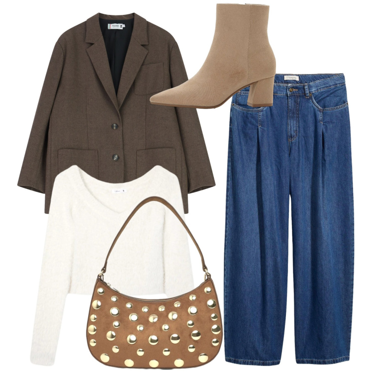 Outfit donna - Total look. Stile Casual chic per Tutti i giorni. Abbinamento con stivaletti, jeans, maglieria, borse a tracolla, blazer.