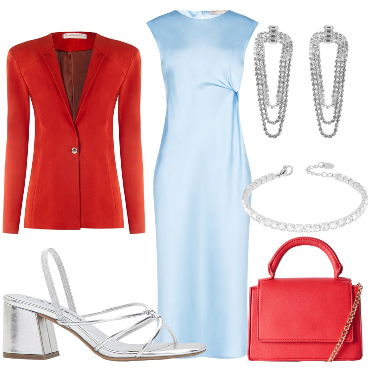 Outfit donna - Un po’ di colore. Stile Glamour per Cerimonia. Abbinamento con sandali col tacco, borse a tracolla, orecchini, braccialetti, vestiti midi/longuette, blazer.