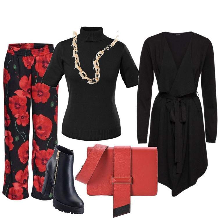 Outfit donna - Papaveri rossi. Stile Chic per Tutti i giorni. Abbinamento con borsa a tracolla mini in pelle martellata con fibbia in pelle tinta unita, maglieria, giacche, stivaletti, pantalone nero, collana oro.