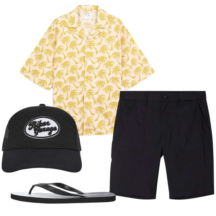 Outfit uomo - Total look #2347792. Stile Casual per Mare. Abbinamento con cappelli, sandali, camicie a manica corta, pantaloni corti.