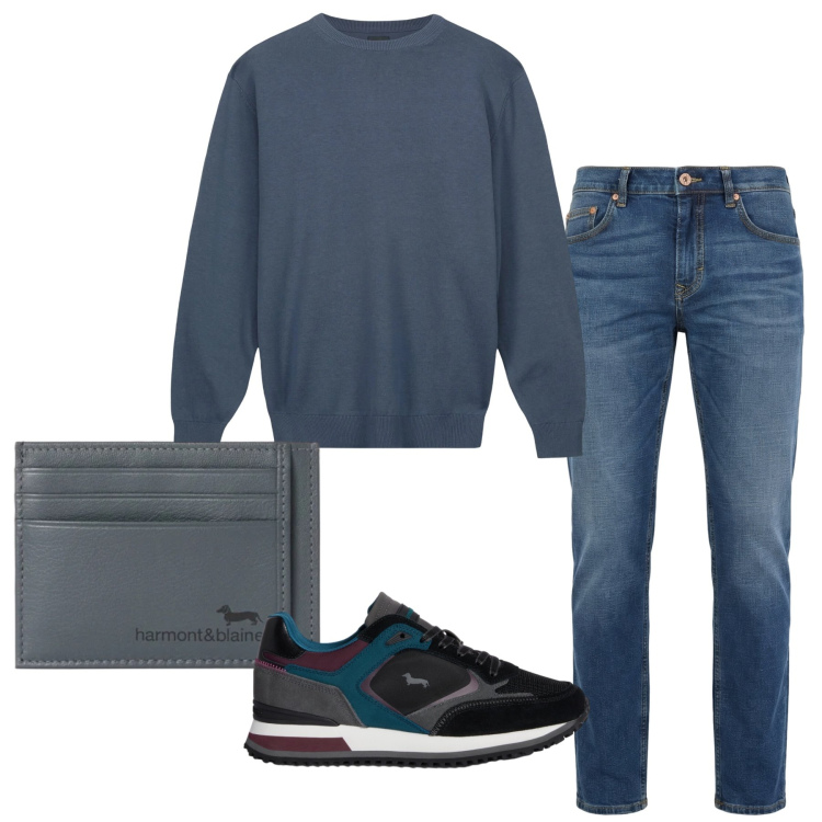 Outfit uomo - Total look #2347797. Stile Casual per Tutti i giorni. Abbinamento con sneakers, portafogli, jeans, maglieria.