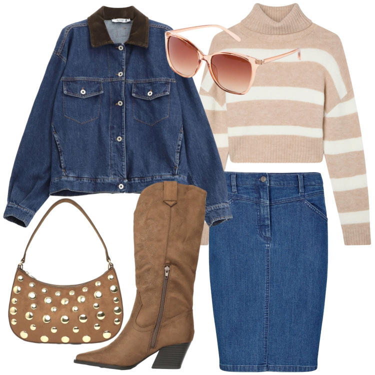 Outfit donna - Casual ma con la gonna. Stile Casual per Tutti i giorni. Abbinamento con gonne, occhiali da sole, maglieria, stivali, borse a tracolla, blazer.