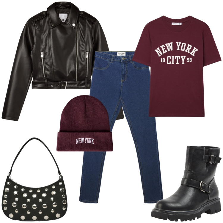 Outfit donna - Rock metropolitano. Stile Rock per Tutti i giorni. Abbinamento con stivaletti, berretti, borse a tracolla, jeggings, giacche, t-shirt.