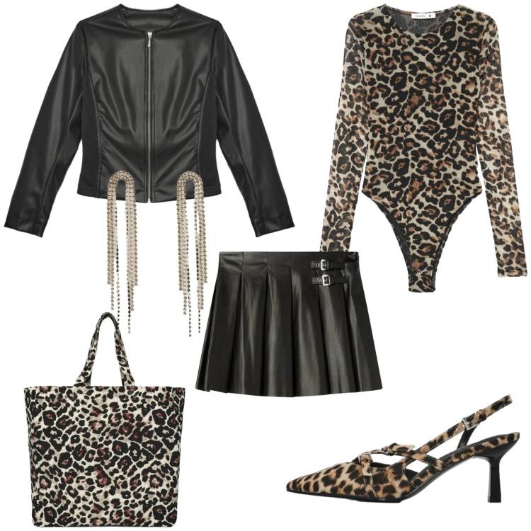 Outfit donna - Leopardato. Stile Sexy per Serata fuori. Abbinamento con t-shirt, décolleté, giacche, orecchini, minigonne, shopping bag.