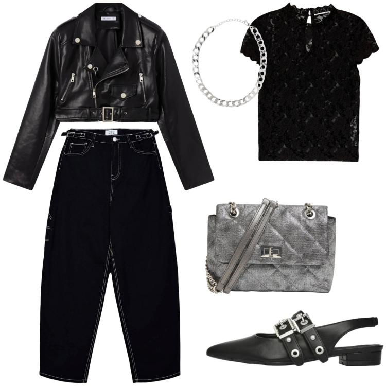 Outfit donna - Fibbie e pizzo. Stile Rock per Tutti i giorni. Abbinamento con t-shirt, pantaloni, giacche, collane, borse a tracolla, ballerine.