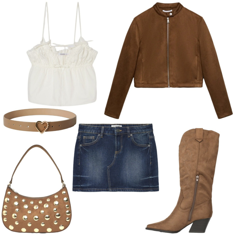 Outfit donna - Country girl. Stile Glamour per Tutti i giorni. Abbinamento con giacche, stivali, canottiere, cinture, minigonne, borse a tracolla.