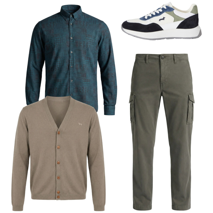 Outfit uomo - Total look #2347827. Stile Casual per Tutti i giorni. Abbinamento con pantaloni cargo, sneakers, camicie, cardigans.