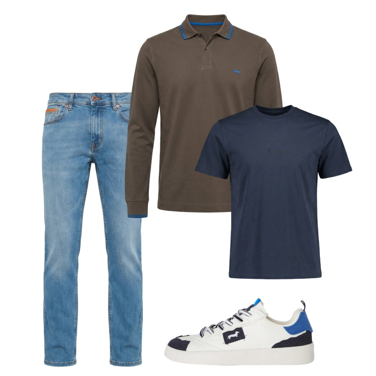 Outfit uomo - Febbraio. Stile Casual per Tutti i giorni. Abbinamento con sneakers, t-shirt, jeans, polo.