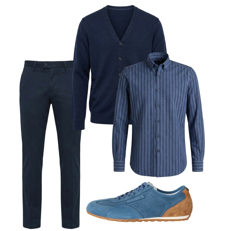 Outfit uomo - Febbraio. Stile Casual per Tutti i giorni. Abbinamento con sneakers, pantaloni chino, cardigans, camicie.