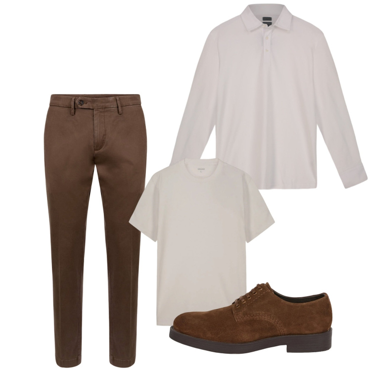 Outfit uomo - Febbraio. Stile Casual per Tutti i giorni. Abbinamento con pantaloni chino, scarpe stringate, t-shirt, polo.