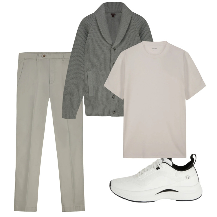 Outfit uomo - Febbraio. Stile Casual per Tutti i giorni. Abbinamento con sneakers, t-shirt, cardigans, pantaloni chino.