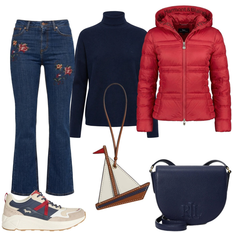 Outfit donna - Blu e rosso. Stile Casual per Tutti i giorni. Abbinamento con sneakers, jeans, maglieria, piumini, portachiavi, borse a tracolla.