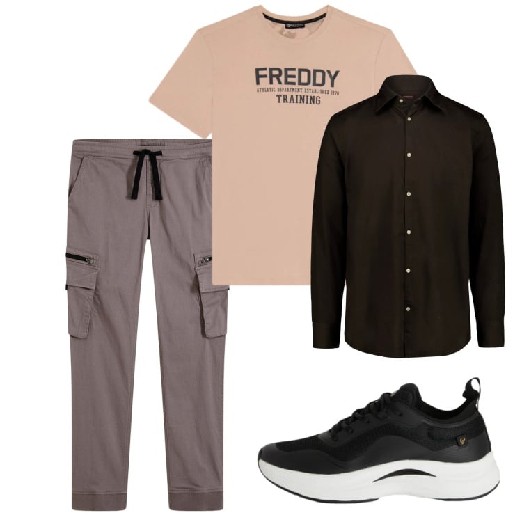 Outfit uomo - Febbraio. Stile Casual per Tutti i giorni. Abbinamento con pantaloni cargo, sneakers, t-shirt, camicie.