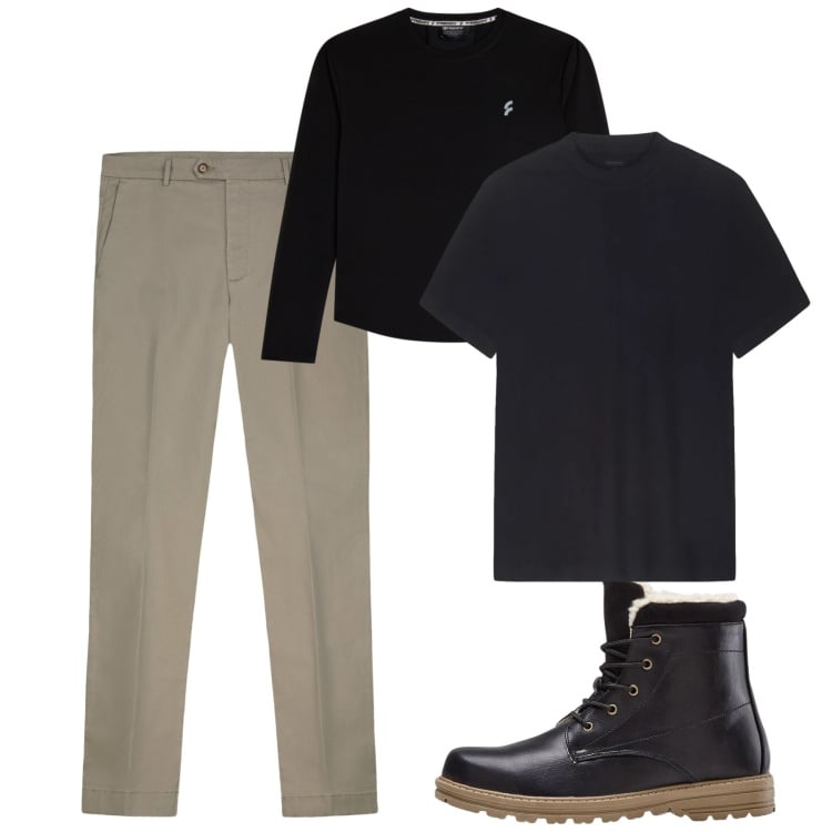 Outfit uomo - Febbraio. Stile Casual per Tutti i giorni. Abbinamento con stivali e stivaletti, t-shirt, t-shirt, pantaloni chino.