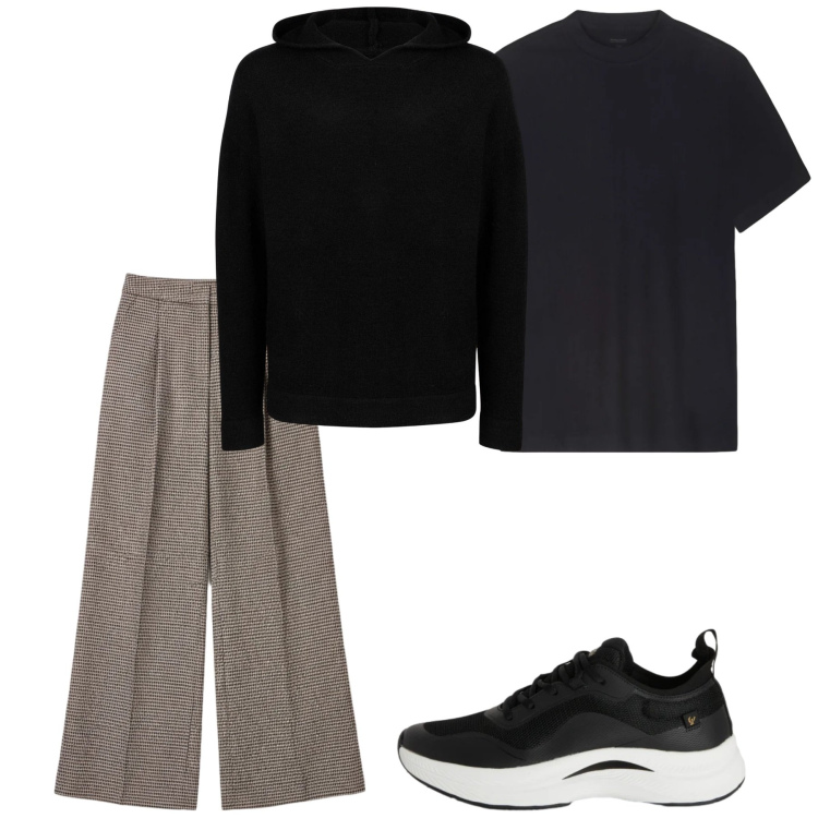 Outfit uomo - City. Stile Casual per Tutti i giorni. Abbinamento con sneakers, pantaloni a palazzo, maglieria, t-shirt.