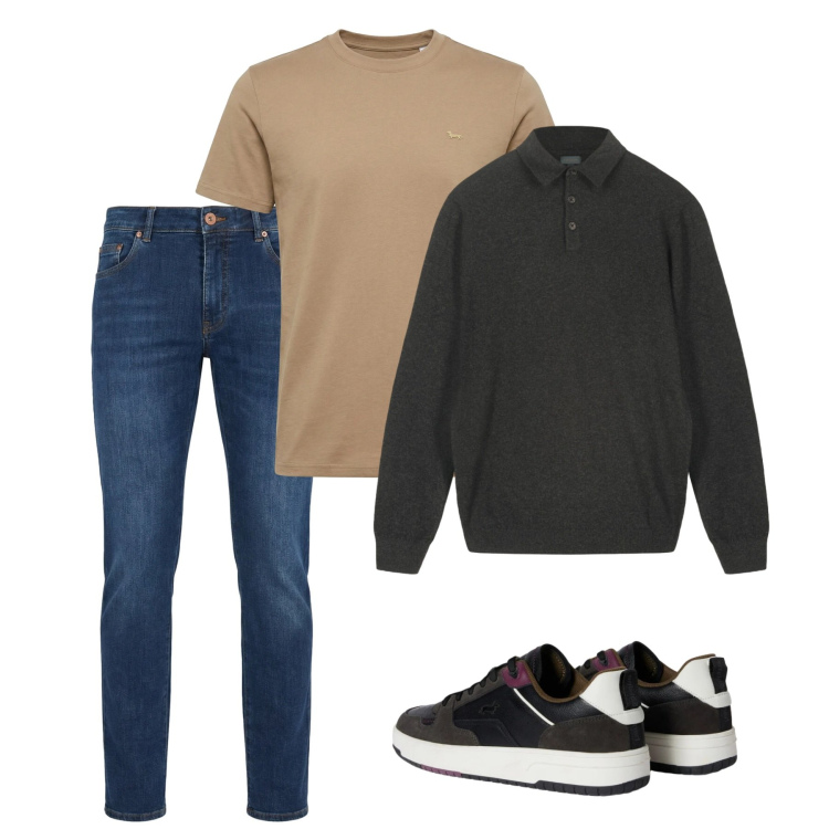 Outfit uomo - City. Stile Casual per Tutti i giorni. Abbinamento con sneakers, jeans, t-shirt, maglieria.