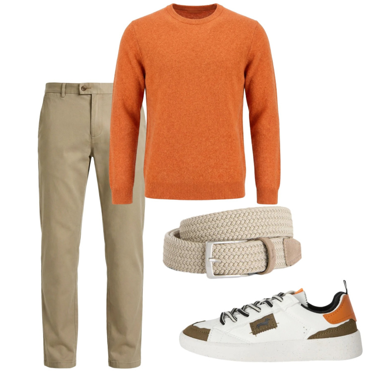 Outfit uomo - City. Stile Casual per Tutti i giorni. Abbinamento con sneakers, cinture, pullovers, pantaloni chino.