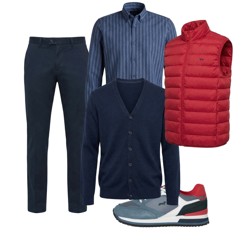 Outfit uomo - Layering city. Stile Casual per Tutti i giorni. Abbinamento con sneakers, pantaloni chino, cardigans, camicie, piumini.