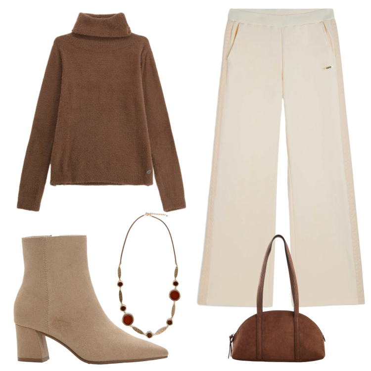 Outfit donna - Aperitivo d\'autunno. Stile Casual chic Abbinamento con borse a tracolla, stivaletti, collane, pantaloni, maglieria.