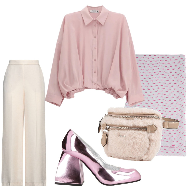 Outfit donna - Tonalità cipria e polverose. Stile Minimal per Tutti i giorni. Abbinamento con pantaloni, marsupi, décolleté, sciarpe, camicie.