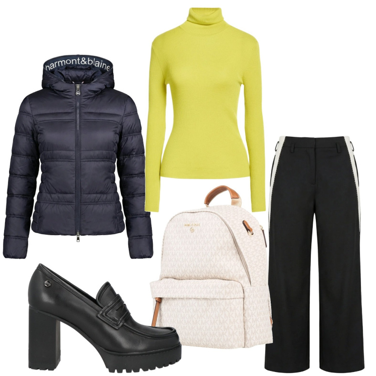 Outfit donna - Eleganza quotidiana. Stile Minimal per Tutti i giorni. Abbinamento con mocassini, zaini, maglieria, pantaloni, piumini.