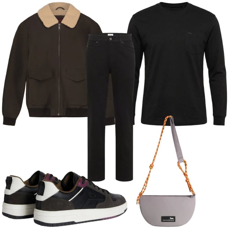 Outfit uomo - Total look #2347936. Stile Trendy per Tutti i giorni. Abbinamento con jeans dritti, sneakers, t-shirt, borse sportive, bomber.