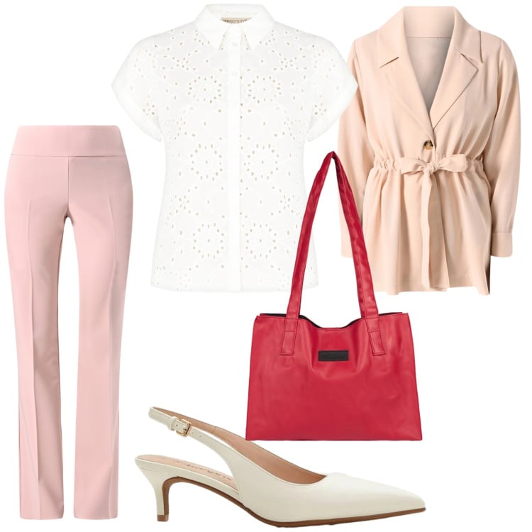 Outfit donna - Febbraio in tonalità soft - Focus Donna. Stile Glamour per Tutti i giorni. Abbinamento con décolleté, shopping bag, pantaloni, camicie a manica corta, blazer.