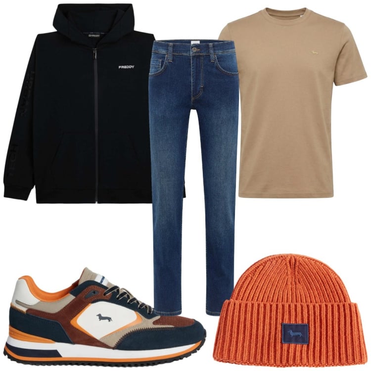 Outfit uomo - Total look #2347941. Stile Trendy per Tutti i giorni. Abbinamento con jeans dritti, sneakers, t-shirt, berretti, felpe con cappuccio.