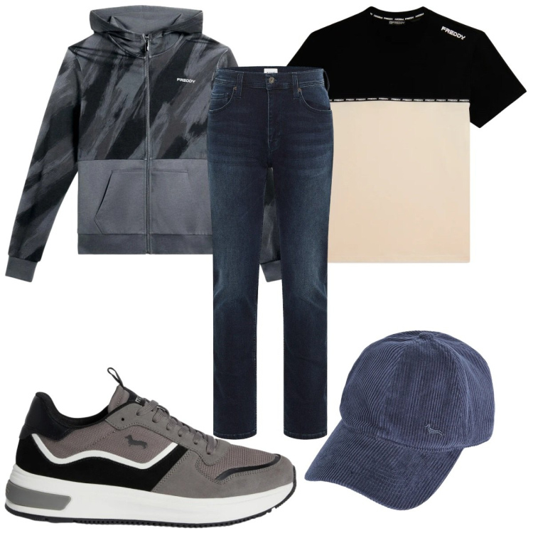 Outfit uomo - Total look #2347944. Stile Casual per Tutti i giorni. Abbinamento con jeans slim fit, sneakers, cappelli con visiera, felpe con cappuccio, t-shirt.