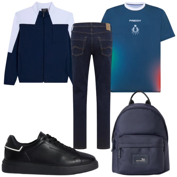 Outfit uomo - Total look #2347946. Stile Trendy per Tutti i giorni. Abbinamento con jeans dritti, sneakers, borse sportive, t-shirt, felpe.