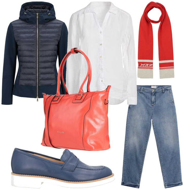 Outfit donna - Eleganza quotidiana. Stile Minimal per Tutti i giorni. Abbinamento con mocassini, zaini, camicie, sciarpe, giacche, jeans.
