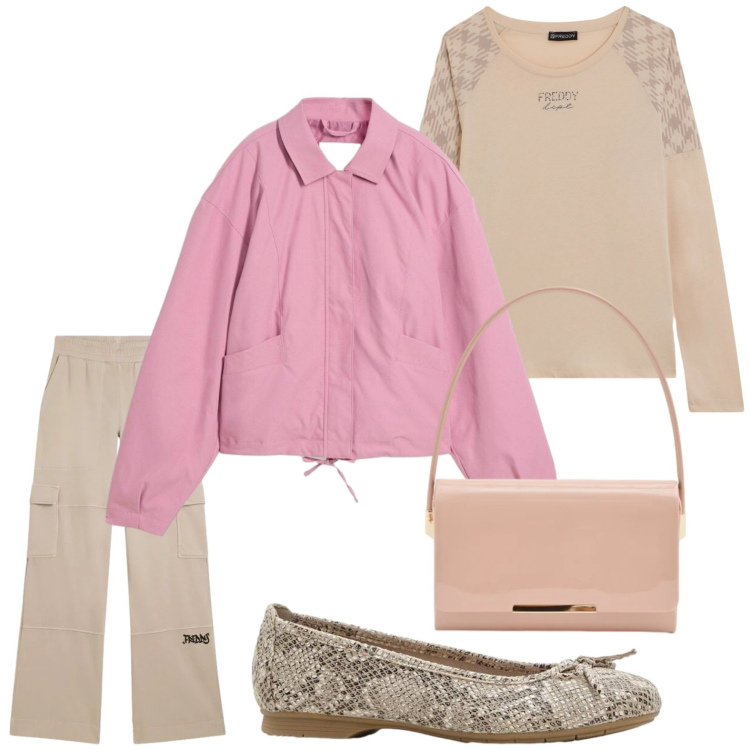 Outfit donna - Tonalità cipria e polverose. Stile Glamour per Tutti i giorni. Abbinamento con ballerine, bomber, t-shirt, pantaloni cargo, pochette.