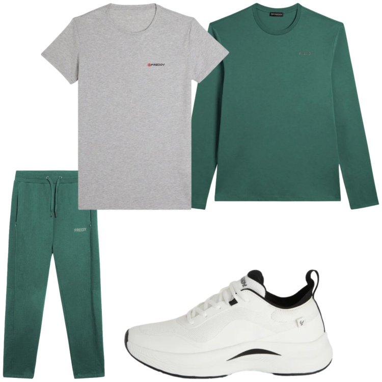 Outfit uomo - Sportivo. Stile Casual per Tutti i giorni. Abbinamento con sneakers, pantaloni, t-shirt, t-shirt sportive.