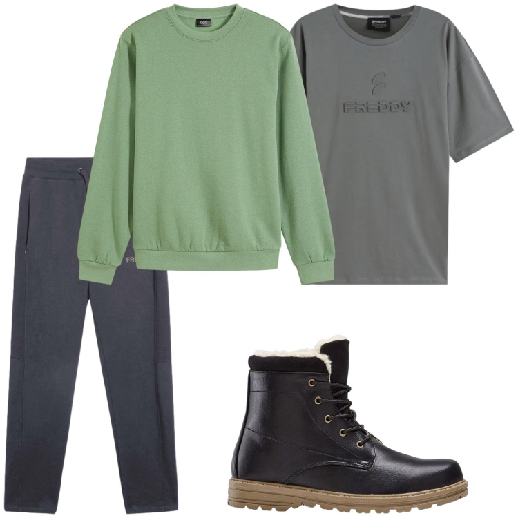 Outfit uomo - Glam. Stile Casual per Tutti i giorni. Abbinamento con stivali e stivaletti, felpe, pantaloni, t-shirt.