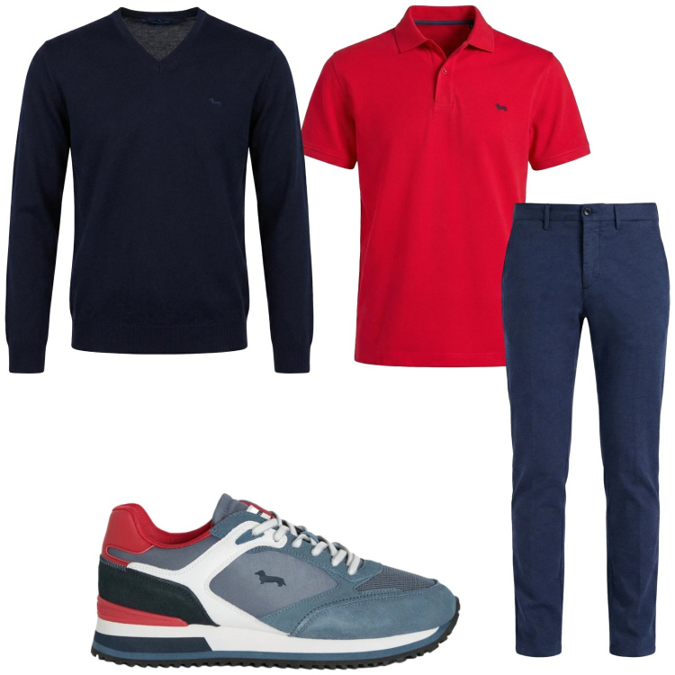 Outfit uomo - Un tocco di rosso. Stile Casual per Tutti i giorni. Abbinamento con sneakers, pullovers, pantaloni chino, polo.