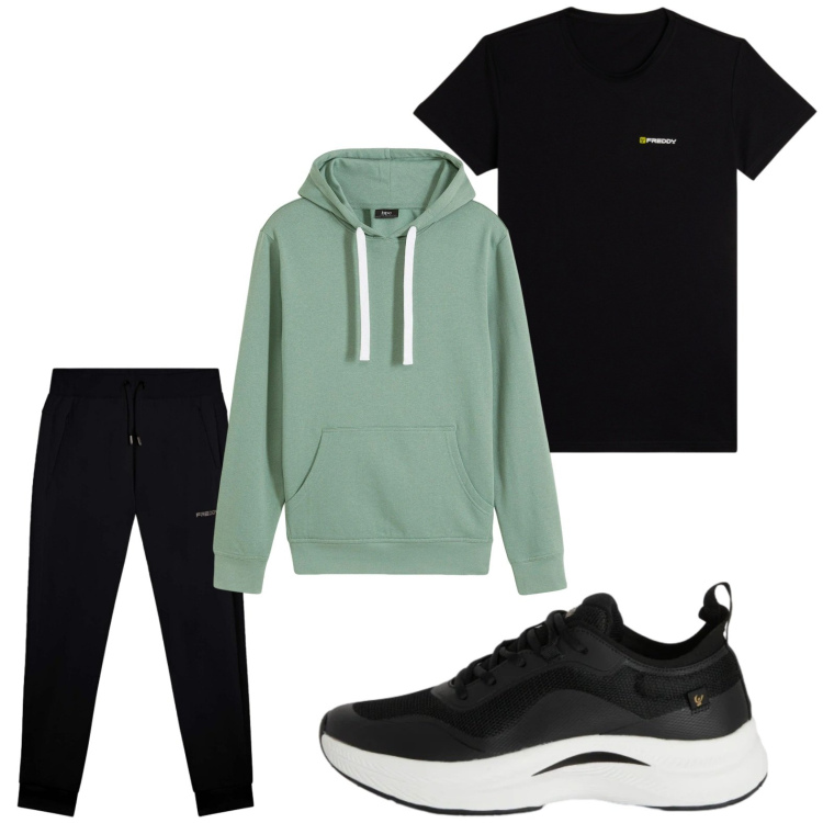 Outfit uomo - Sportivo. Stile Casual per Tutti i giorni. Abbinamento con felpe con cappuccio, sneakers, pantaloni, t-shirt.