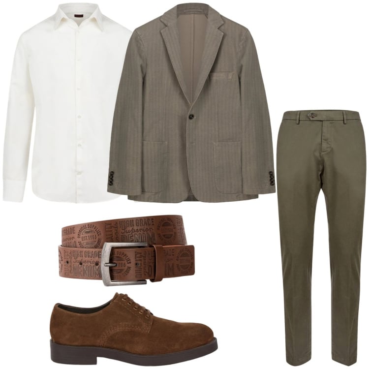 Outfit uomo - Glamour. Stile Casual per Tutti i giorni. Abbinamento con cinture, pantaloni chino, camicie, scarpe stringate, giacche.