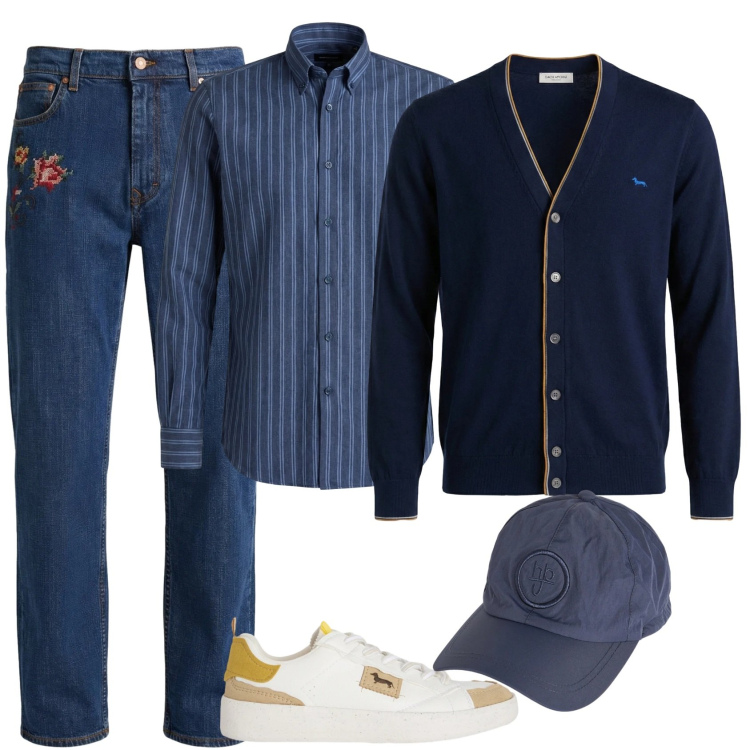 Outfit uomo - Il jeans ricamato. Stile Trendy per Tutti i giorni. Abbinamento con sneakers, jeans, cardigans, camicie, cappelli.
