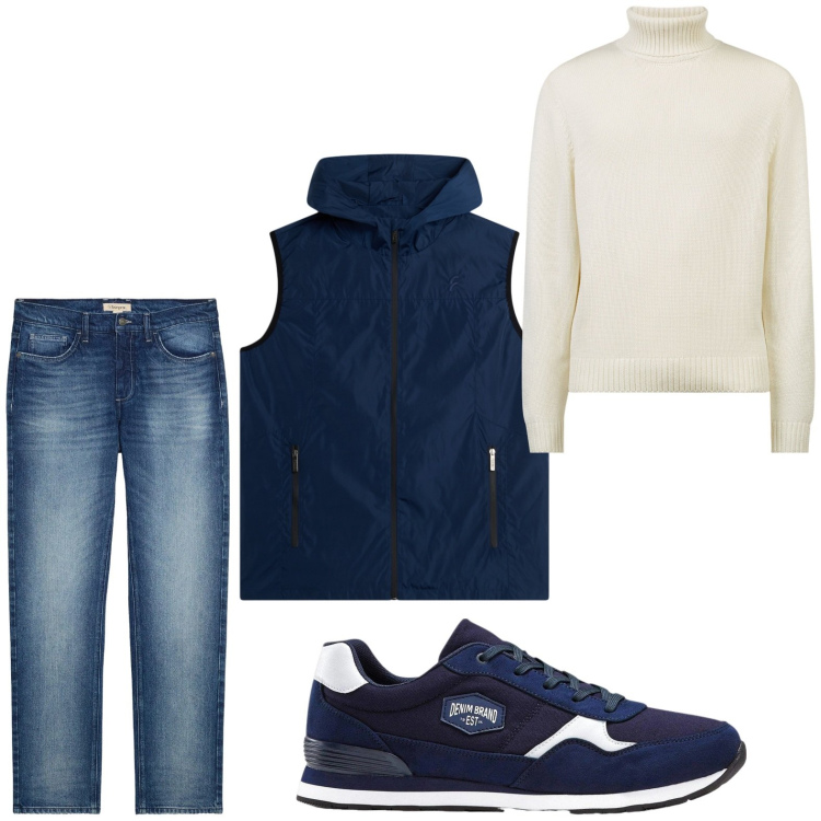Outfit uomo - Disinvolto. Stile Casual per Tutti i giorni. Abbinamento con sneakers, jeans dritti, piumini, maglieria.
