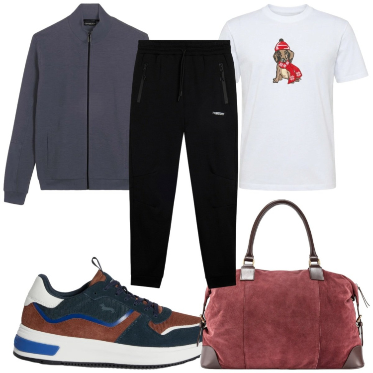 Outfit uomo - Total look #2347977. Stile Casual per Tutti i giorni. Abbinamento con t-shirt, sneakers, pantaloni, felpe, borse sportive.