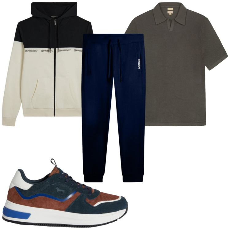 Outfit uomo - Total look #2347978. Stile Trendy per Sport. Abbinamento con sneakers, pantaloni, felpe con cappuccio, polo.