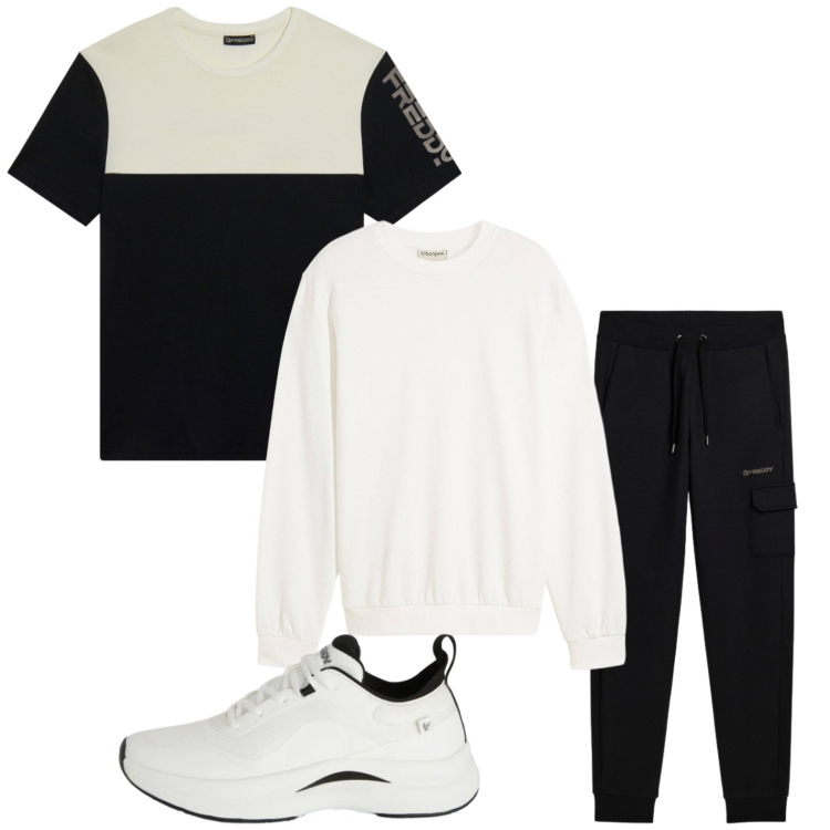 Outfit uomo - Nero e bianco. Stile Trendy per Tutti i giorni. Abbinamento con felpe, sneakers, pantaloni cargo, t-shirt.
