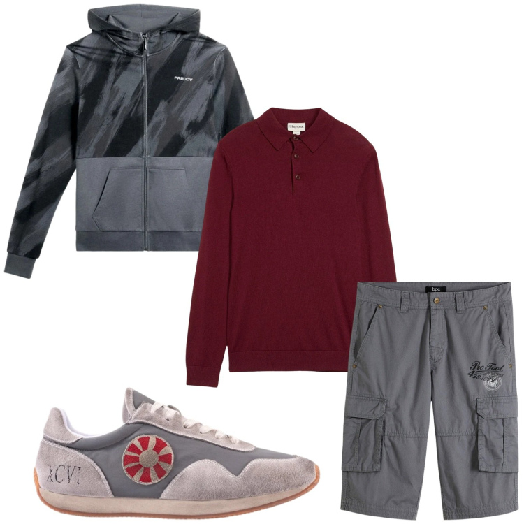 Outfit uomo - Casual. Stile Casual per Tutti i giorni. Abbinamento con bermuda, maglieria, felpe con cappuccio, sneakers.